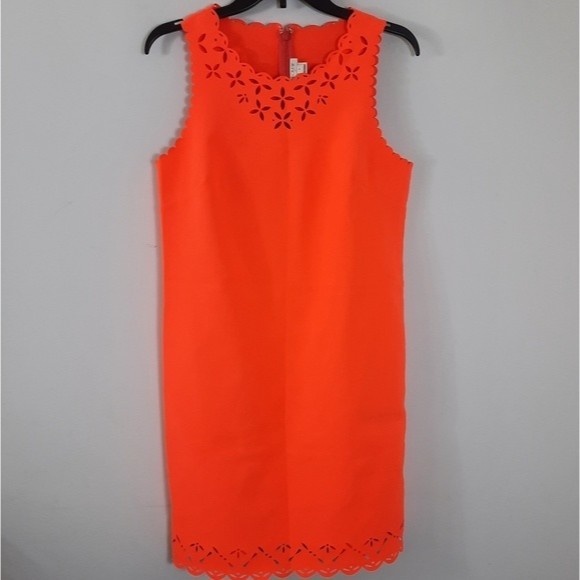 J. Crew Bright Orange Sleeveless Floral Laser Cut Scalloped Sheath Dress Size 4 - Picture 1 of 8